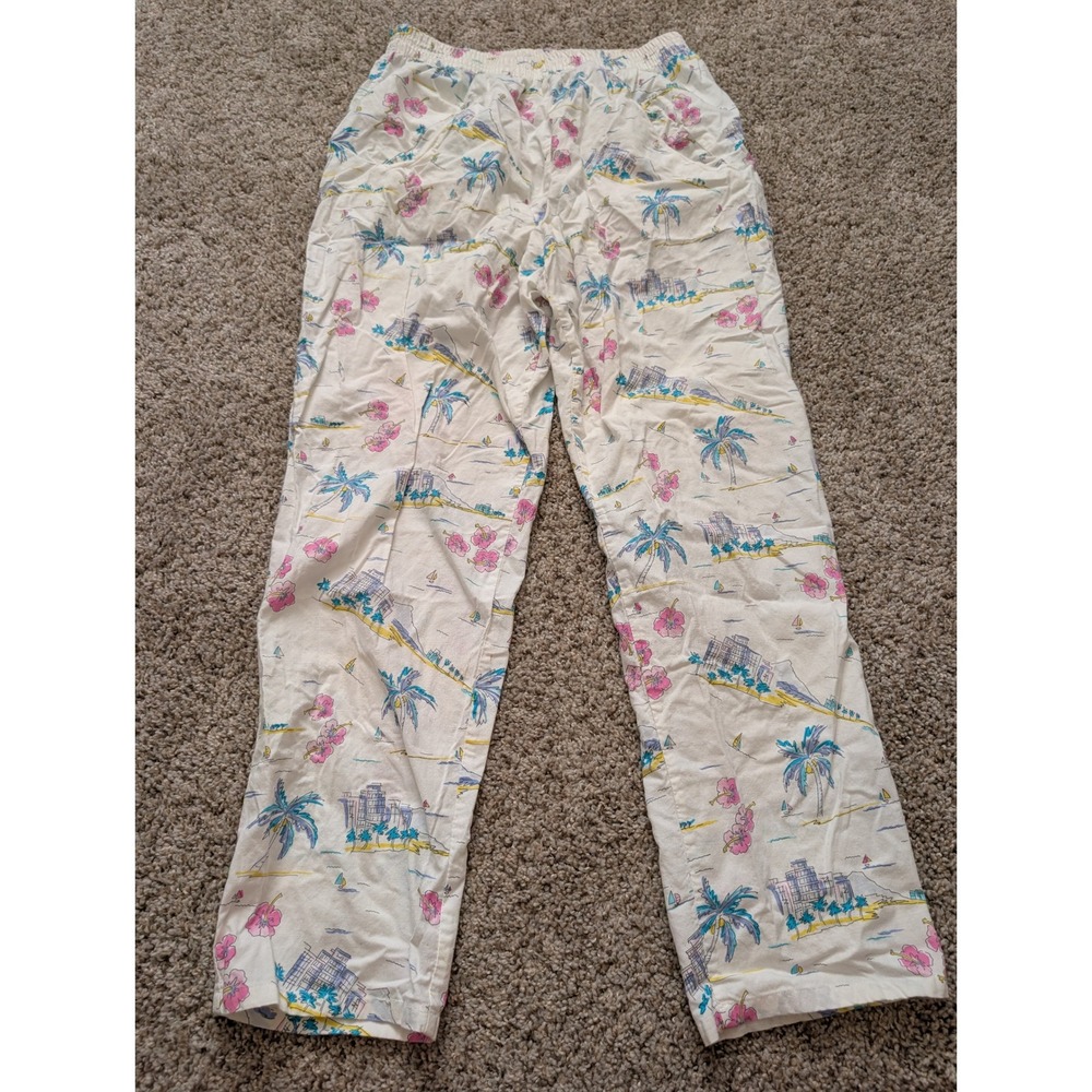 90s MidTown eXpress Vintage Tropical Beach Cotton Pants White Womens 16W/32